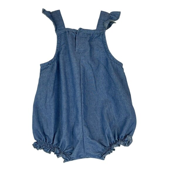 Baby Essentials 12M Blue Denim Romper Embroidered Bees Flowers Ruffle Straps - Picture 4 of 5